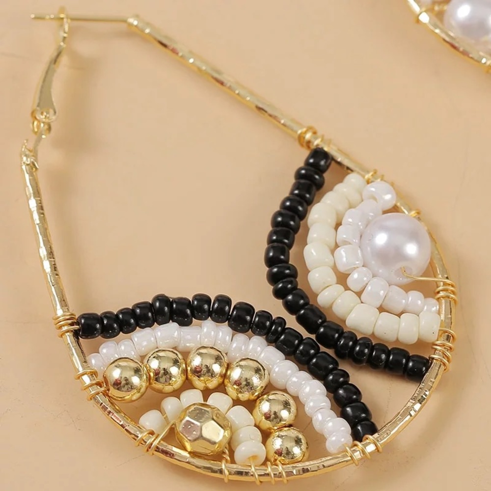 Anthropologie Gold Plated White Black Beaded Wire Wrap Teardrop Hoop Ear… - Picture 3 of 7